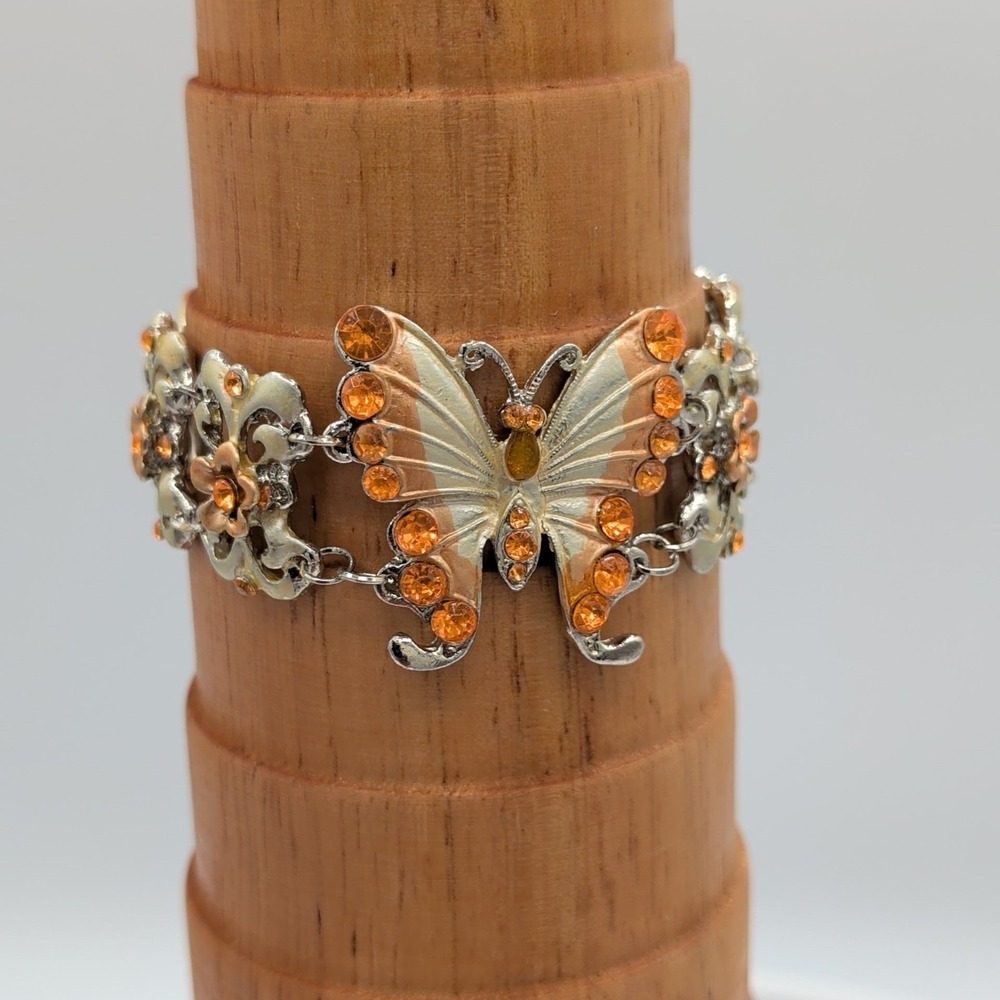 Gold And Silver Tone Enamel Butterfly Floral Link Bracelet Orange Rhinestone - Picture 13 of 16